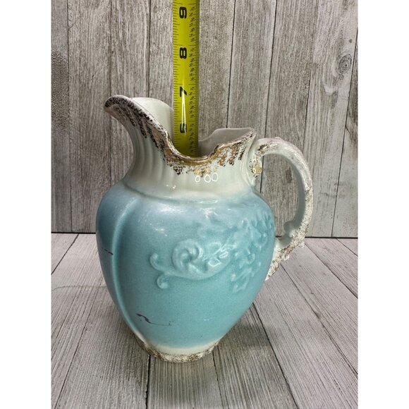 W.H Grindley & Co England Antique Pitcher Porcelain Blue White Gold 7" Tall - Picture 9 of 11